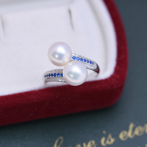 Dual Pearls Blue Zirconia Cross Ring - Sterling Silver